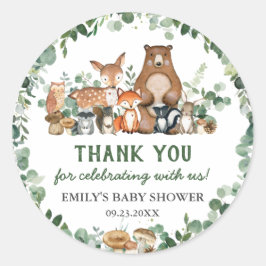 Greenery Woodland Animals Baby Shower Birthday Cl Runder Aufkleber