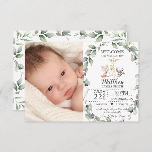 Greenery Woodland Animals New Baby Boy Foto Birth Ankündigung (Vorne/Hinten)