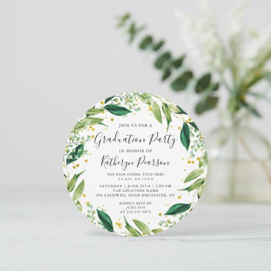Greenery Wreath Black Gold Glitzer Abschluss Invi Einladung (Stehend Vorderseite)