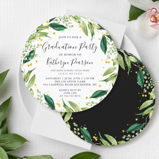 Greenery Wreath Black Gold Glitzer Abschluss Invi Einladung