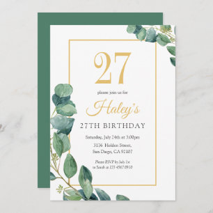 Greenery Wreath Chic Gold & Sage 27. Geburtstag Einladung