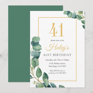 Greenery Wreath Chic Gold & Sage 41ST Geburtstag Einladung