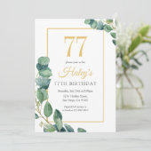 Greenery Wreath Chic Gold & Sage 77. Geburtstag Einladung (Stehend Vorderseite)