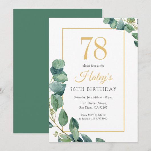 Greenery Wreath Chic Gold & Sage 78. Geburtstag Einladung (Vorne/Hinten)