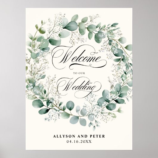 Greenery Wreath Elegant Neutral Script Wedding Poster (Vorne)
