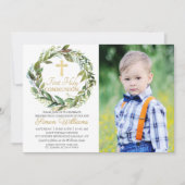 Greenery Wreath Erster Kommunion Foto Einladung (Vorderseite)