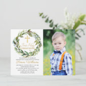 Greenery Wreath Erster Kommunion Foto Einladung (Stehend Vorderseite)