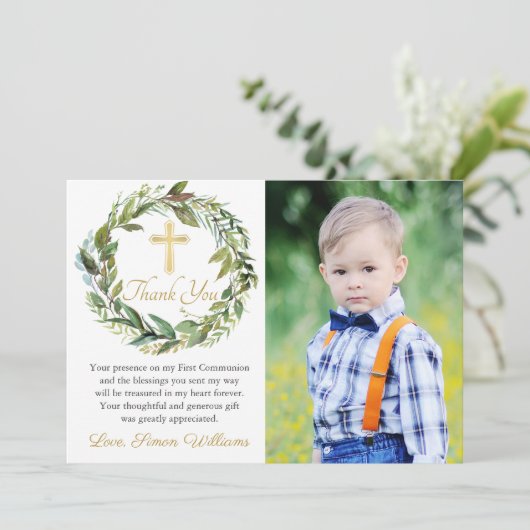 Greenery Wreath First Communion Danke Karte (Stehend Vorderseite)