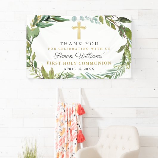 Greenery Wreath First Holy Communion Vielen Dank Banner (Insitu)