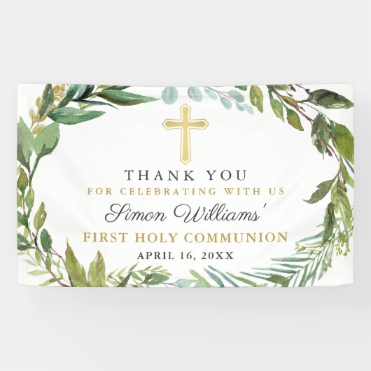 Greenery Wreath First Holy Communion Vielen Dank Banner (Horizontal)