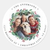 Greenery Wreath Foto Holiday Rücksendeadresse Runder Aufkleber (Vorderseite)