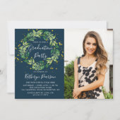 Greenery Wreath Gold Navy Blue 2 Foto Abschluss Einladung (Vorderseite)