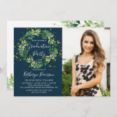 Greenery Wreath Gold Navy Blue 2 Foto Abschluss Einladung (Vorne/Hinten)