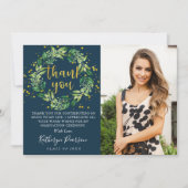Greenery Wreath Gold Navy Blue Abschluss Foto Dankeskarte (Vorderseite)