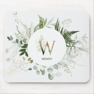 Greenery Wreath Monogram Letter W Mouse Pad Mousepad