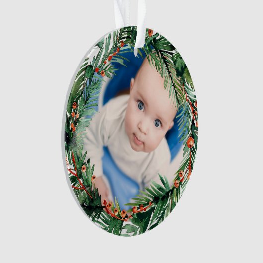 Greenery Wreath My First Christmas Baby Foto Ornament (Vorderseite)