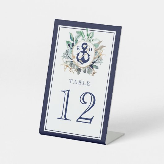 Greenery Wreath Navy Anchor Monogram Beach Wedding Sockelschild (Vorderseite)