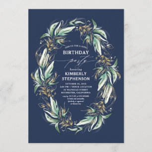 Greenery Wreath Navy Blue Elegant Geburtstag Einladung