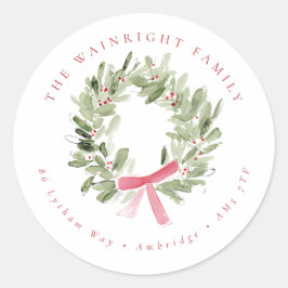 Greenery Wreath & Red Bow Holiday Return Address Runder Aufkleber