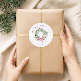 Greenery Wreath & Red Bow Holiday Runder Aufkleber