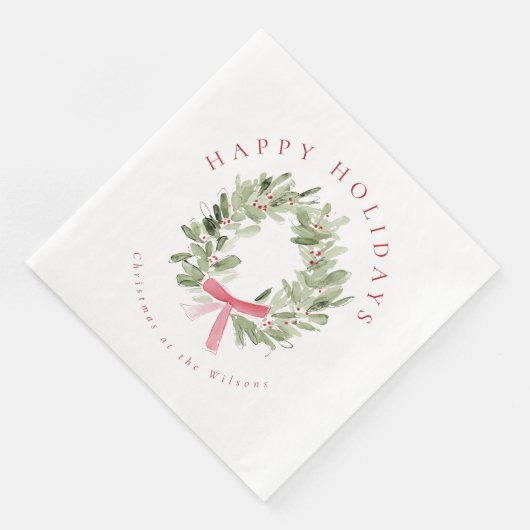 Greenery Wreath & Red Bow Holiday Serviette (Ecke)