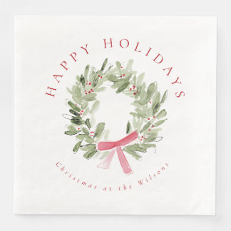 Greenery Wreath & Red Bow Holiday Serviette
