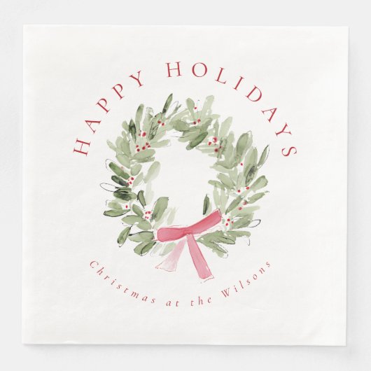Greenery Wreath & Red Bow Holiday Serviette (Vorderseite)