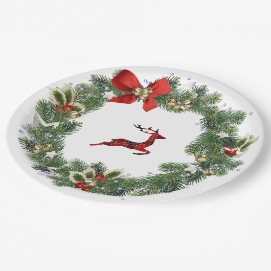 Greenery Wreath & Reindeer Xmas Party Paper Plate Pappteller (Schrägansicht)