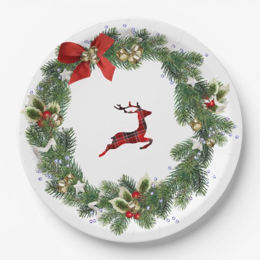 Greenery Wreath & Reindeer Xmas Party Paper Plate Pappteller (Vorderseite)