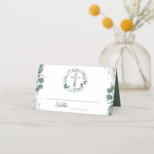 Greenery Wreath Silver Glitzer Erste Kommune Platzkarte (Vorderseite)