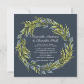Greenery Wreath Watercolor Dark Aquamarin Blue Wed Einladung (Vorderseite)