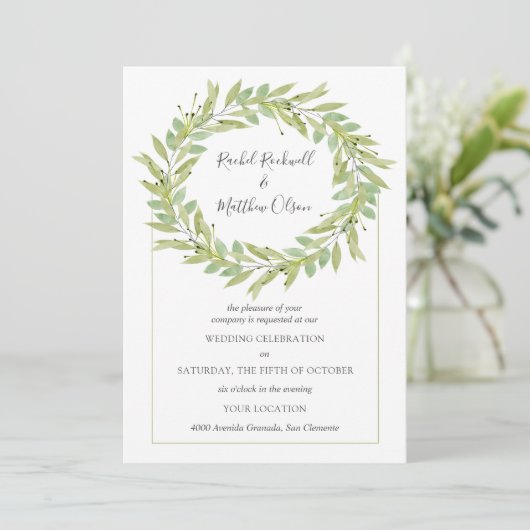 Greenery Wreath Wedding Einladung (Stehend Vorderseite)