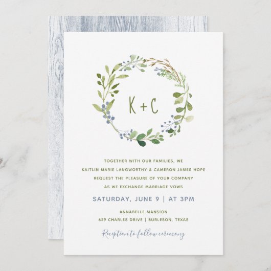 Greenery Wreath Wedding Einladungen - Dusty Blue (Vorne/Hinten)
