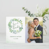 Greenery Wreath Wedding Foto Dankeskarte (Stehend Vorderseite)