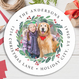 Greenery Wreath Weihnachts-Foto Rücksendeadresse Runder Aufkleber