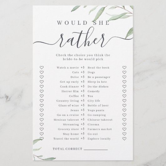 Greenery würde sie lieber Brautparty-Spiel (Vorderseite)