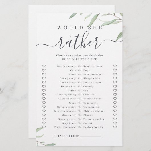 Greenery würde sie lieber Brautparty-Spiel (Vorne/Hinten)