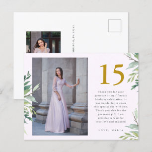 Greenery Zwei Foto Quinceanera Blush Dankeschön Postkarte