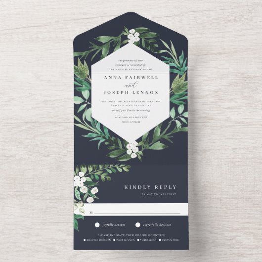 Greenhouse | Botanische Hochzeit in elegantem Wass All In One Einladung (Innen Boden)