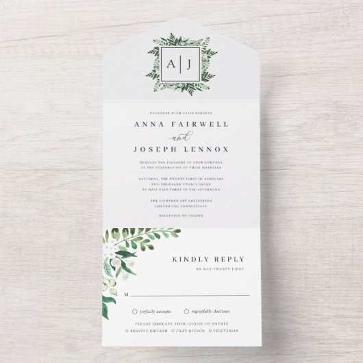 Greenhouse | Botanische Hochzeit in elegantem Wass All In One Einladung (Innen Boden)