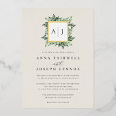 Greenhouse Monogram | Grüne Botanische Hochzeit Folieneinladung (Vorderseite)