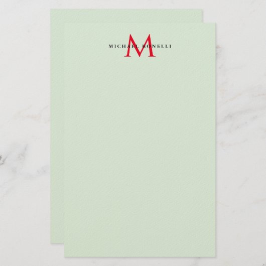 Greenish Gray & Red Monogram Modern Minimalistisch Briefpapier (Vorne/Hinten)