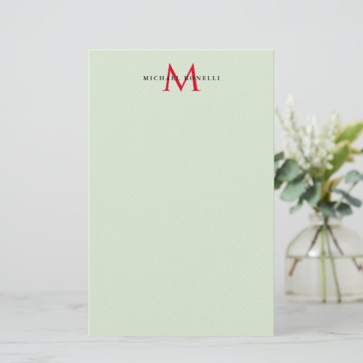 Greenish Gray & Red Monogram Modern Minimalistisch Briefpapier (Stehend Vorderseite)