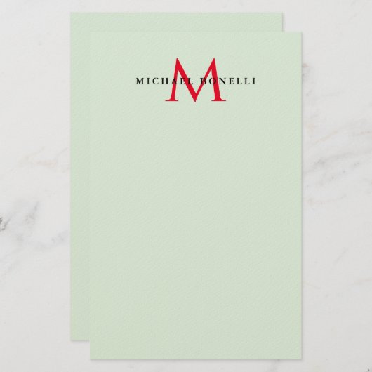 Greenish Gray & Red Monogram Modern Minimalistisch Briefpapier (Vorne/Hinten)
