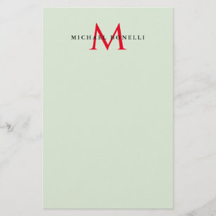 Greenish Gray & Red Monogram Modern Minimalistisch Briefpapier