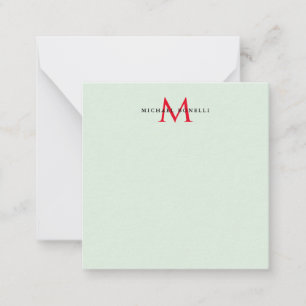 Greenish Gray & Red Monogram Modern Minimalistisch Mitteilungskarte