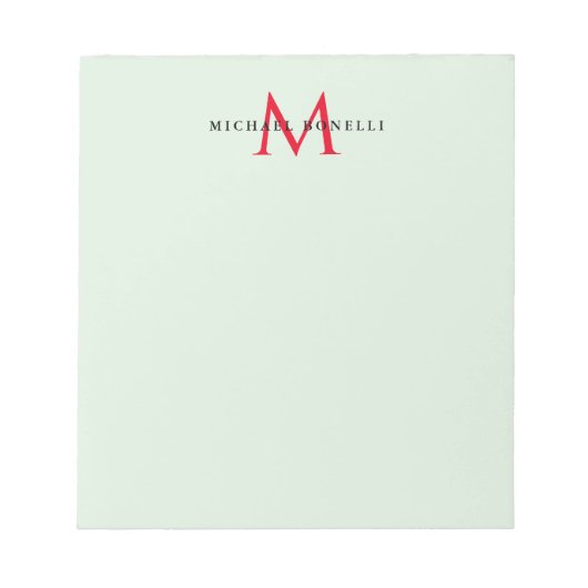 Greenish Gray & Red Monogram Modern Minimalistisch Notizblock (Vorderseite)