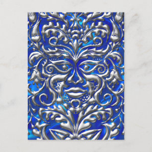 GreenMan Flüssigsilber-Damast auf blauem Satinprin Postkarte