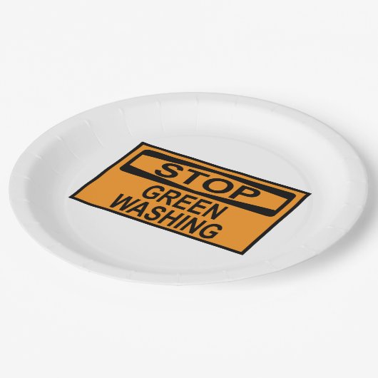 Greenwash-Zeichen beenden Pappteller (Schrägansicht)