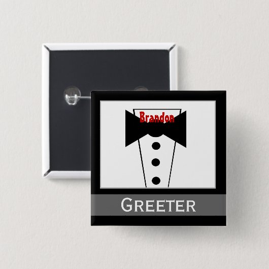 Greeter - individueller Nametux-Hochzeits-Knopf Button (Vorne & Hinten)